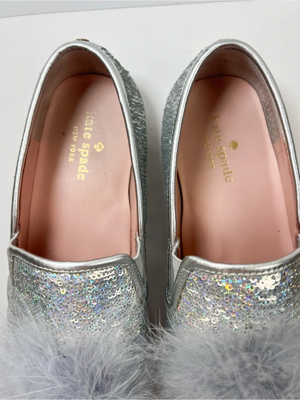 Kate Spade Latisa Silver Sequin Pom Pom Slip On Sneakers size 7.5 Small Flaw